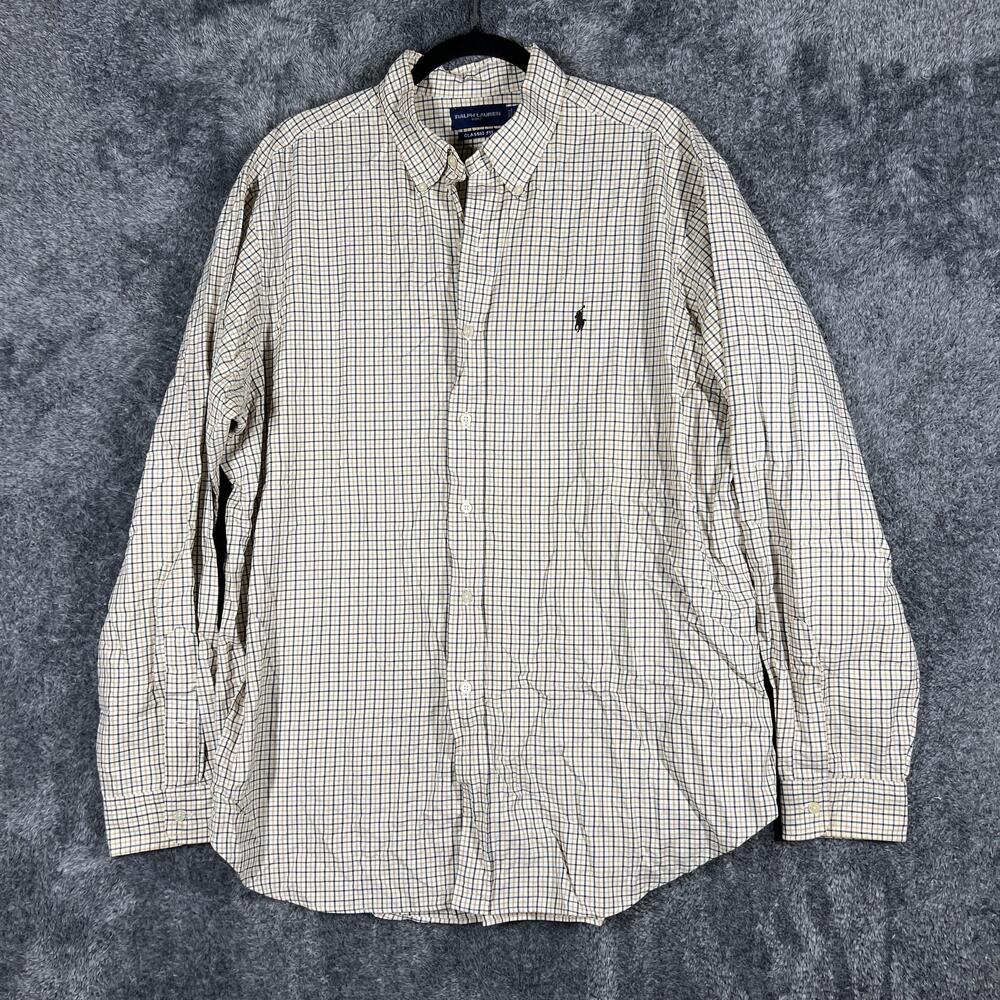 Ralph Lauren Shirt Mens XL Beige Long Sleeve Button Up Cotton Check Classic Fit